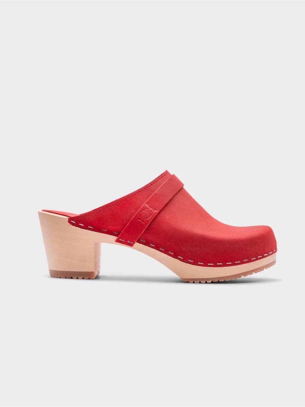 Sandgrens Red Nubuck Clog Mule with Natural Wood Heel